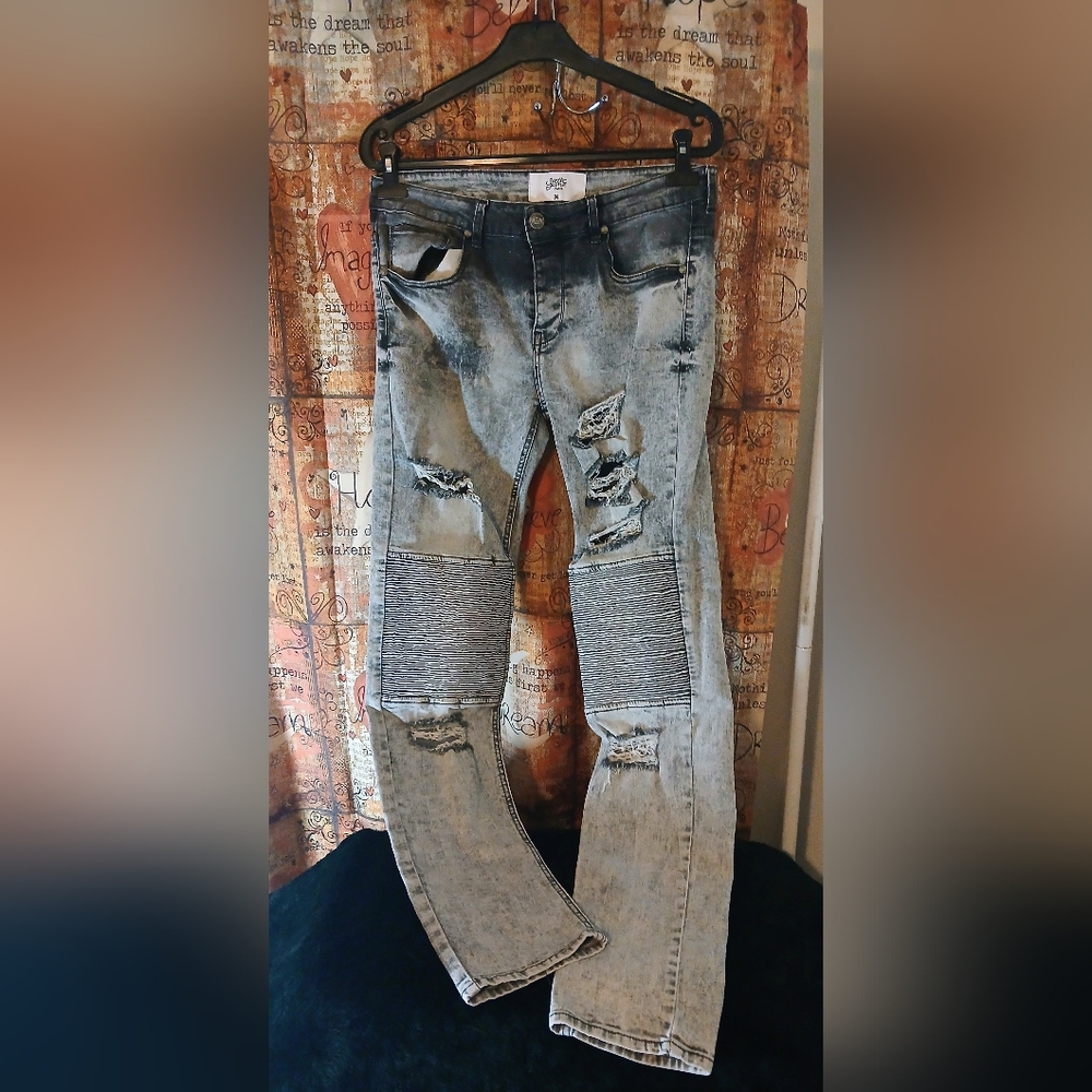 Men's Sixth June PARIS Gray Biker Distressed Destroyed Skinny Jeans Size 34 x 32